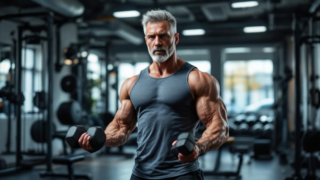 Hombre de 45 años haciendo press de banca como rutina de fuerza para principiantes después de los 40